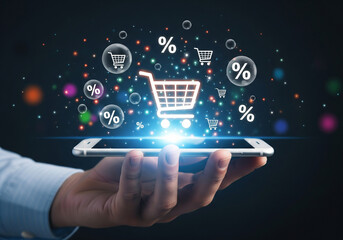 Hand holding smartphone displaying glowing shopping cart icon and digital icons representing online shopping and e commerce transactions