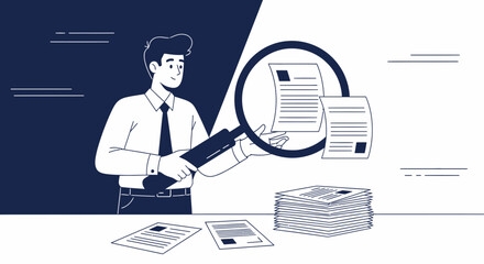 Businessman Analyzing Documents With Magnifying Glass in Modern Minimalist illustration