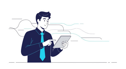 Businessman Using a Tablet Device and Exploring Business Trends in a Stylish Illustration