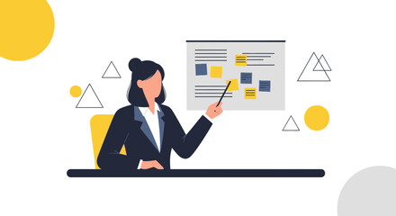 Businesswoman Presenting Strategy on a Board at a Meeting with Geometric Shapes Elements