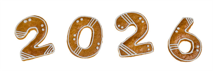 Closeup gingerbread number 2026 for good luck in New year isolated on panoramic white background. Set of baked sweets in numeral shape two, zero or six for various invitation or greetings card design.