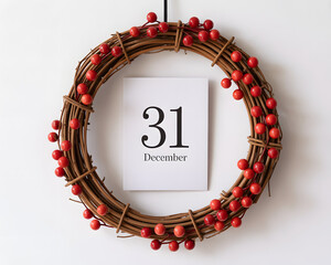 Rustic grapevine wreath adorned with red berries and a framed card displaying the number 31 and text