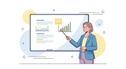 Businesswoman Presenting Sales Diagrams During Conference With Visual Analytics