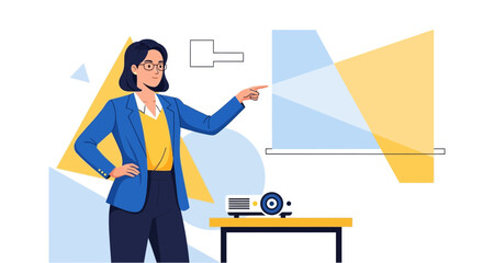 Businesswoman Presenting With Projector, Sharing Information, Digital Technology And Communication