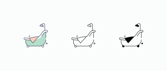 Bathtub icon multiple styles, including flat, line, glyph, and colored variations. Vector stock illustration