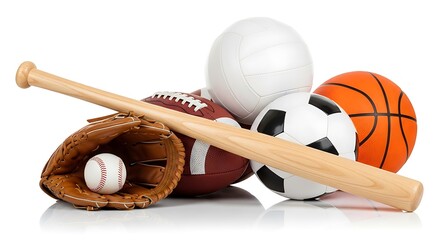 Collection of Diverse Sports Equipment and Balls on White Background