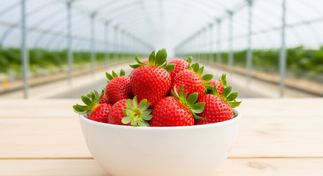 Freshly harvested ripe strawberries piled high in a white bowl on a wooden table inside a greenhouse