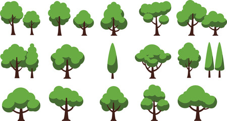 Stylized tree illustrations, cartoon forest elements, green foliage icons, nature clipart, seasonal trees, landscape design, educational, decorative, vector art