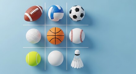 Various Sports Balls Arranged in a Tic Tac Toe Grid Arrangement on a Light Blue Background