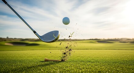 Golf ball in motion during a powerful swing on a sunny day with green grass and blue sky overhead