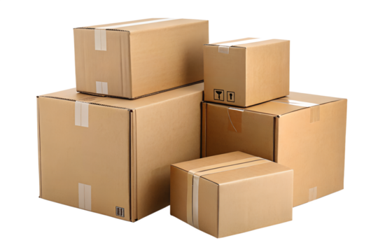 A well-lit studio photograph of various sized corrugated cardboard boxes, stacked and sealed, representing shipping, logistics, moving services, and e-commerce delivery on a clean white background