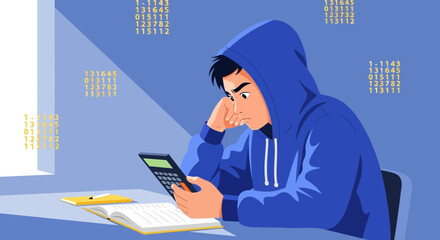 Concerned Student Using Calculator Solving Numeric Sequences and Equations in Illustration