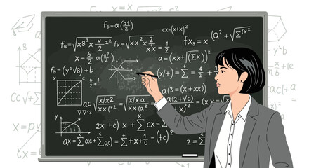 Confident Female Educator Explaining Complex Mathematical Equations On A Chalkboard
