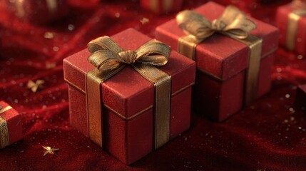 Christmas gift boxes on red velvet background,