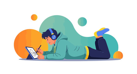Creative Individual Using Digital Tablet at Home Illustrating With Headphones On