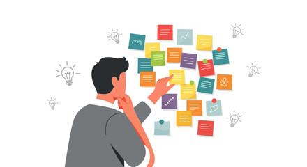 Creative Process and Innovative Ideas Illustrated Through Sticky Notes and Light Bulbs