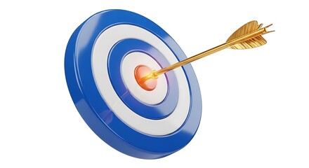 Precision Aiming Arrow Strikes the Bullseye Center of Blue and White Target Board