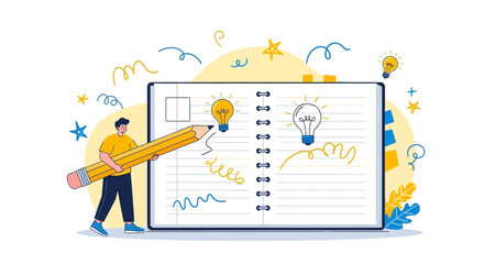 Creative Notebook Illustrating Ideas With A Person And Light Bulbs For Innovation Design