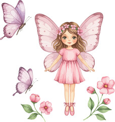 Whimsical watercolor fairy with pink butterflies and delicate flowers