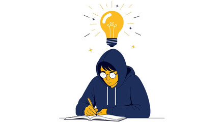 Creative Student With Brilliant Idea Sketching In Journal With Illuminated Light Bulb Above