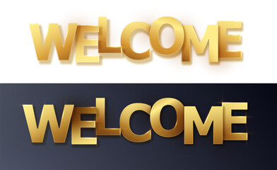 WELCOME gold letters banner. Welcome poster on black and white background. Vector paper illustration