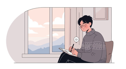 Creative Student With Glasses Writing In Notebook, Window Scenery, Illustration