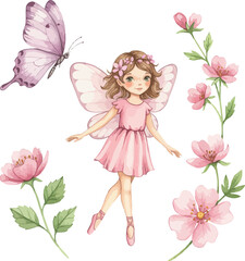 Whimsical watercolor fairy with pink butterfly and delicate flowers