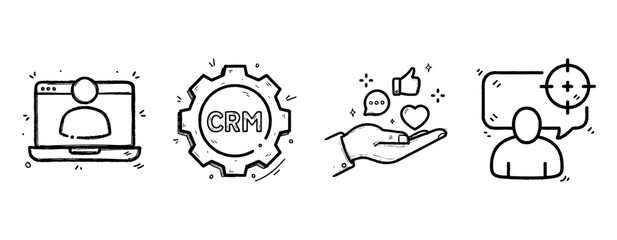 Hand-drawn crm icons: user management, gear, support, communication