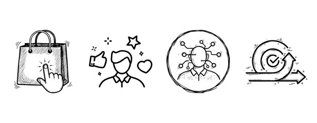 E-commerce icons: shopping, customer feedback, innovation, progress