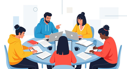 Creative Teamwork: Students Collaborating on Digital Projects Round a Table Efficiently