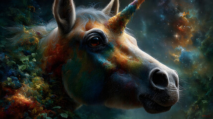 Mythical Unicorn Painting the Stars with Its Horn – Cosmic Fantasy Fine Art Illustration