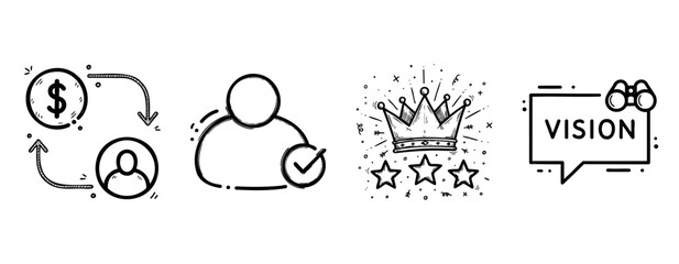 Hand-drawn business symbols: financial growth, customer approval, leadership, strategic vision