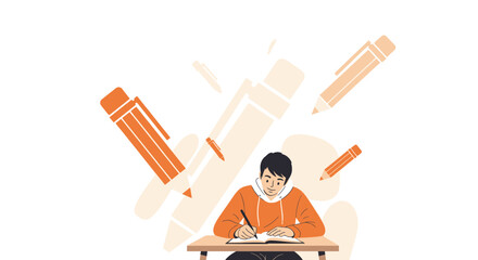 Creative Writing and Focused Study Depicted with Pencils, Paper and Concentration