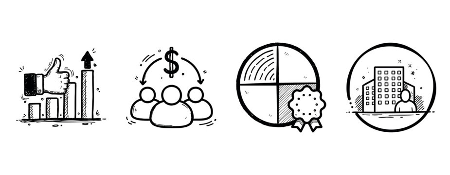 Hand-drawn business icons: growth, investment, analytics, achievement