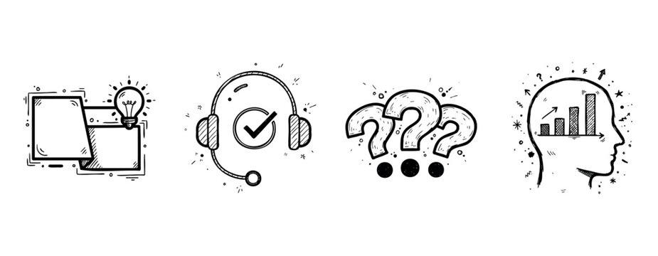 Creative concepts: devices, headset, questions, and analytical thinking