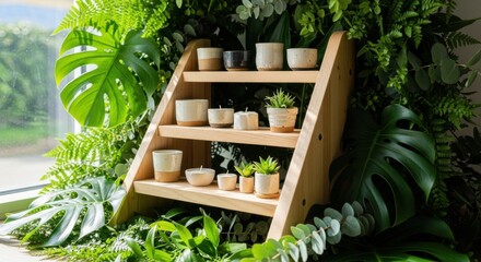 Rustic wooden display shelf with potted plants and lush green foliage, creating a natural and vibrant showcase for small decorative items indoors