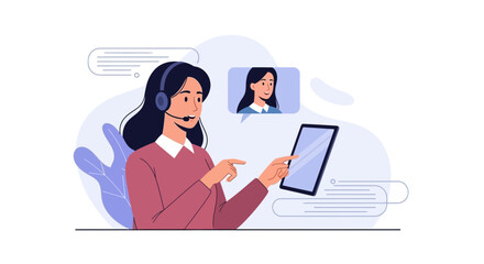 Customer Service Representative Using Tablet for Online Communication and Video Call