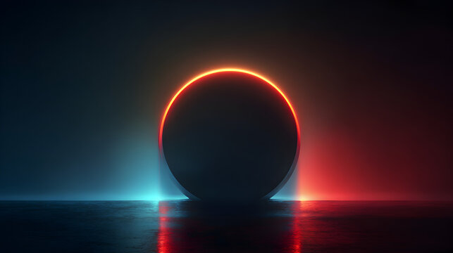 A dark sphere illuminated by a vibrant neon orange ring, set against a moody, atmospheric background with contrasting blue and red light