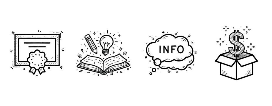 Education and financial growth icons: certificate, learning, info, success