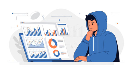 Data Analysis And Thinking: Modern Man Working On Laptop With Graphic Charts