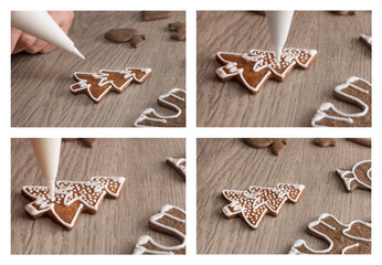 Decorating snowy Christmas tree of gingerbread cookie with piping bag in four steps. Closeup the working procedure of preparing traditional baked sweet Xmas pastry ornate by white icing on brown wood.