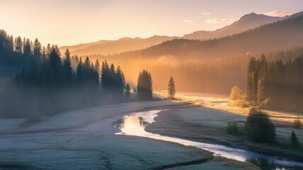 Golden sunrise over misty mountain valley with winding river and pine trees morning