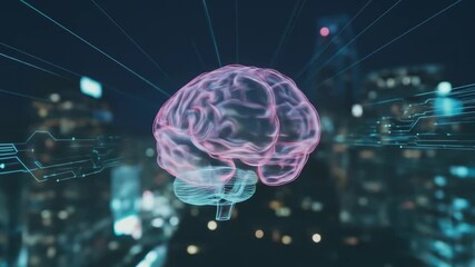 A glowing, stylized brain silhouette floats in a futuristic cityscape with data lines - Powered by Adobe