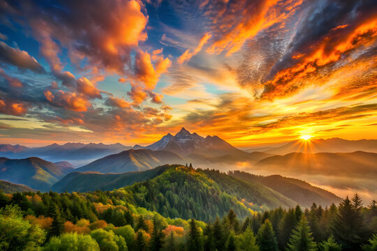 Fiery sunset over a mountain range with lush green forests and dramatic clouds mountains