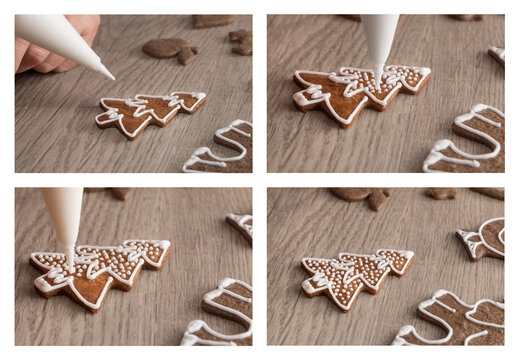 Decorating snowy Christmas tree of gingerbread cookie with piping bag in four steps. Closeup the working procedure of preparing traditional baked sweet Xmas pastry ornate by white icing on brown wood.