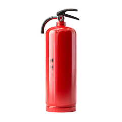 Bright red fire extinguisher with black handle and hose isolated on transparent background