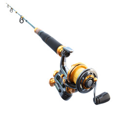 A detailed fishing rod and reel with golden accents isolated on transparent background