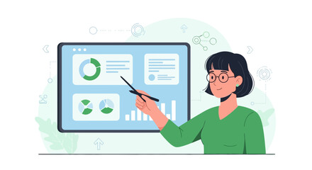 Digital Presentation Explainer Depicting Data Analysis, Showing Charts, Graphs, and Statistics
