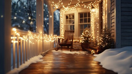 Christmas lights glowing around a cozy porch,