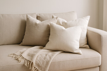 Cozy neutral toned sofa with plush pillows and a soft fringed throw blanket creating an inviting and comfortable living space ambiance.